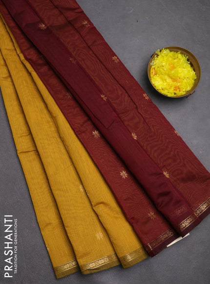Semi maheswari cotton saree mustard yellow and maroon  with zari woven buttas and small zari woven border