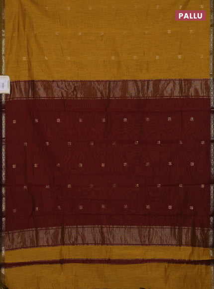 Semi maheswari cotton saree mustard yellow and maroon  with zari woven buttas and small zari woven border