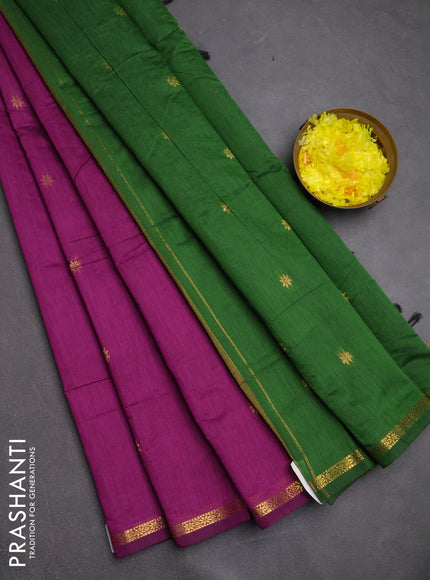 Semi maheswari cotton saree magenta pink and green with zari woven buttas and small zari woven border