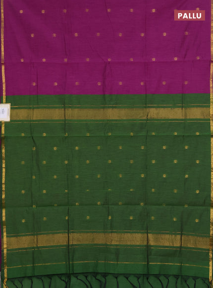 Semi maheswari cotton saree magenta pink and green with zari woven buttas and small zari woven border