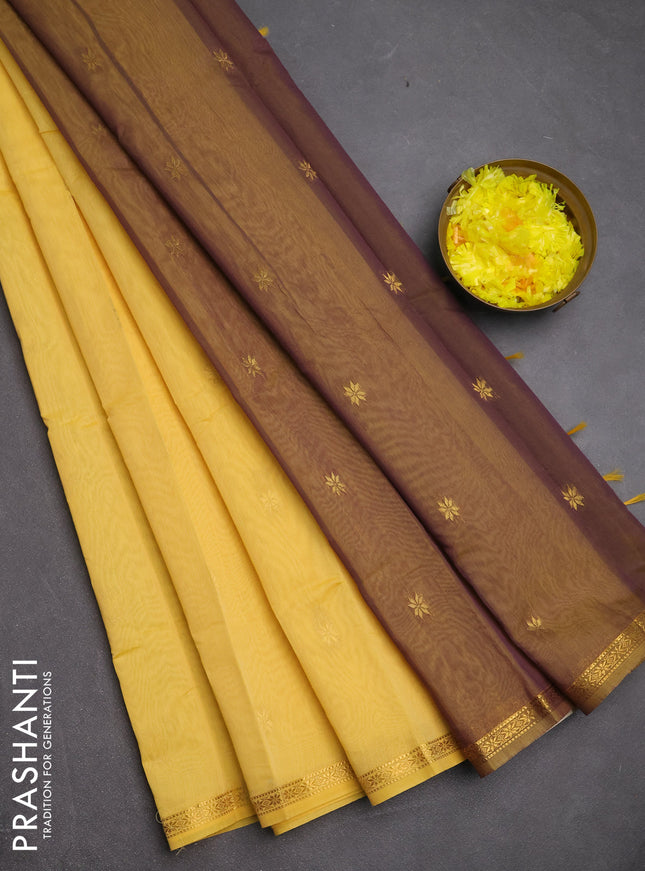 Semi maheswari cotton saree pale yellow and purple with zari woven buttas and small zari woven border