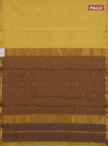 Semi maheswari cotton saree pale yellow and purple with zari woven buttas and small zari woven border