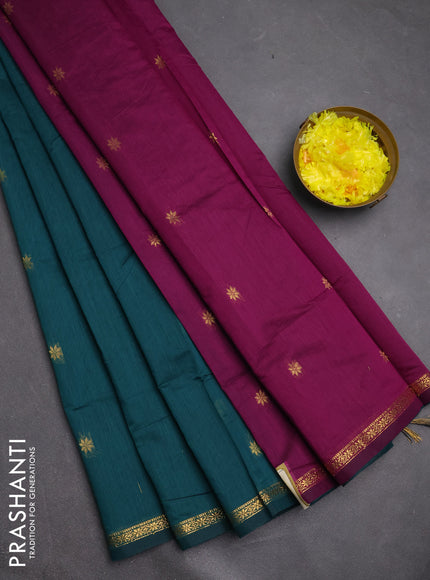 Semi maheswari cotton saree peacock green and magenta pink with zari woven buttas and small zari woven border