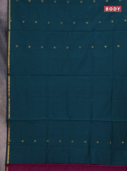 Semi maheswari cotton saree peacock green and magenta pink with zari woven buttas and small zari woven border