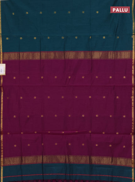 Semi maheswari cotton saree peacock green and magenta pink with zari woven buttas and small zari woven border