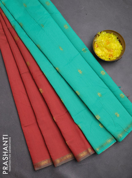Semi maheswari cotton saree rust and teal green with zari woven buttas and small zari woven border