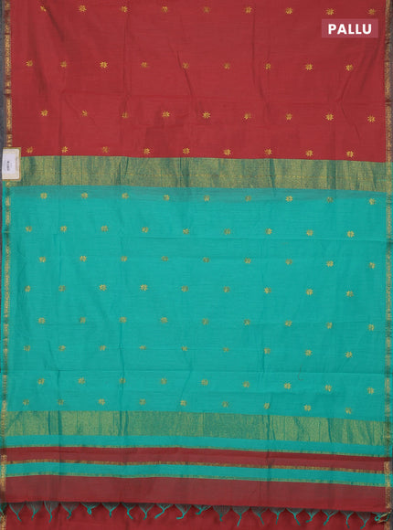 Semi maheswari cotton saree rust and teal green with zari woven buttas and small zari woven border