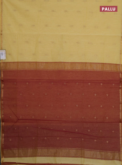 Semi maheswari cotton saree pale yellow and maroon shade with zari woven buttas and small zari woven border