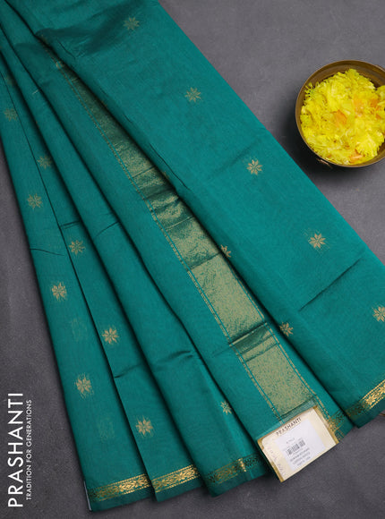 Semi maheswari cotton saree teal green with zari woven buttas and small zari woven border
