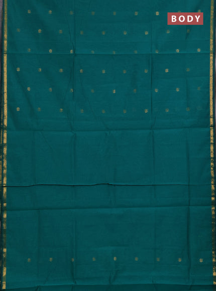 Semi maheswari cotton saree teal green with zari woven buttas and small zari woven border
