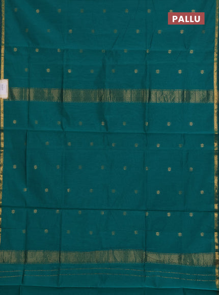 Semi maheswari cotton saree teal green with zari woven buttas and small zari woven border