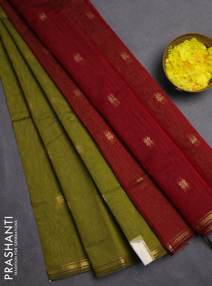 Semi maheswari cotton saree mehendi green and maroon with zari woven buttas and small zari woven border
