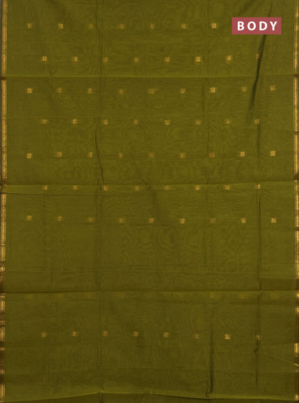 Semi maheswari cotton saree mehendi green and maroon with zari woven buttas and small zari woven border