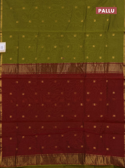 Semi maheswari cotton saree mehendi green and maroon with zari woven buttas and small zari woven border