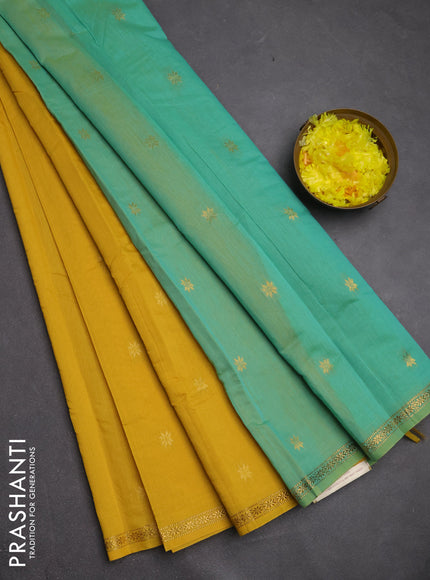 Semi maheswari cotton saree mustard yellow and teal green with zari woven buttas and small zari woven border