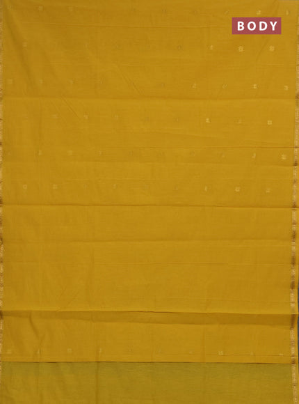 Semi maheswari cotton saree mustard yellow and teal green with zari woven buttas and small zari woven border