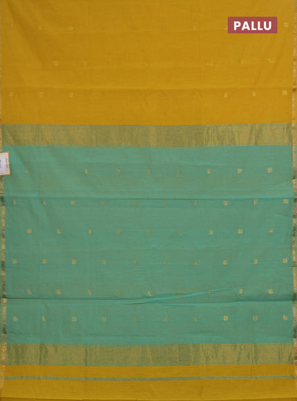 Semi maheswari cotton saree mustard yellow and teal green with zari woven buttas and small zari woven border