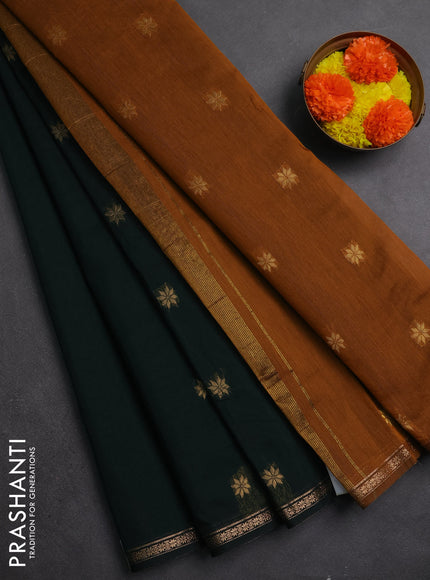 Semi maheswari cotton saree bottle green and dark mustard with zari woven buttas and small zari woven border