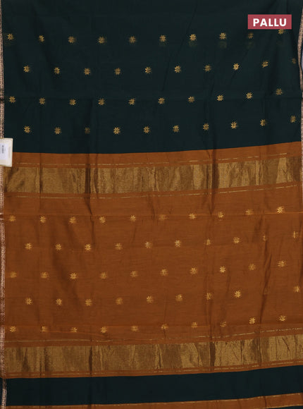 Semi maheswari cotton saree bottle green and dark mustard with zari woven buttas and small zari woven border