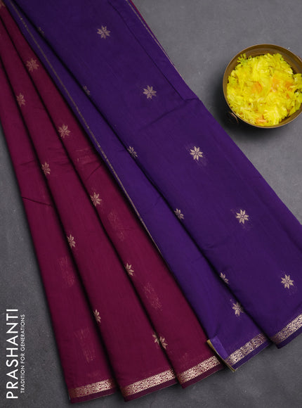 Semi maheswari cotton saree purple and violet with zari woven buttas and small zari woven border