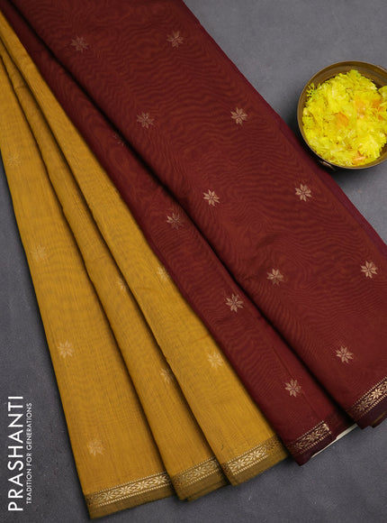 Semi maheswari cotton saree mustard yellow and maroon with zari woven buttas and small zari woven border