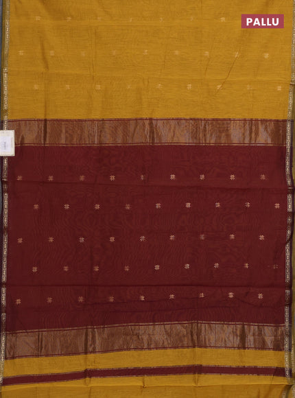 Semi maheswari cotton saree mustard yellow and maroon with zari woven buttas and small zari woven border