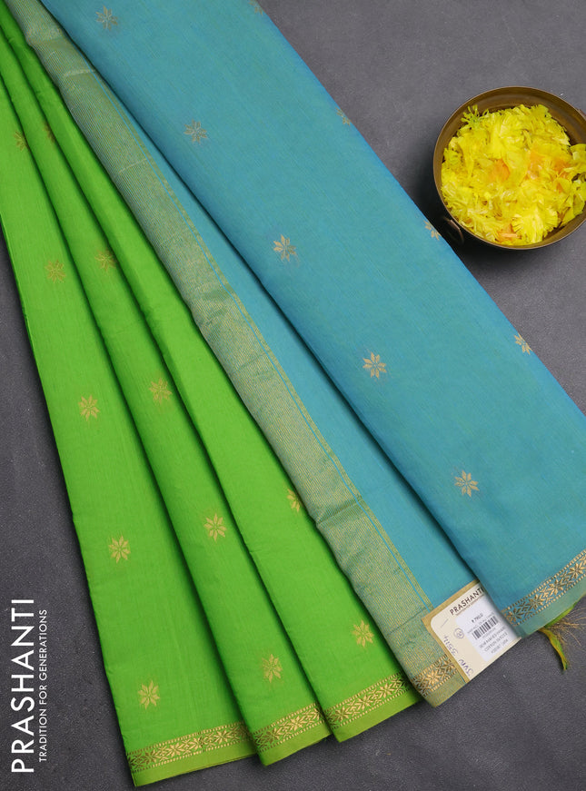 Semi maheswari cotton saree light green and teal blue with zari woven buttas and small zari woven border