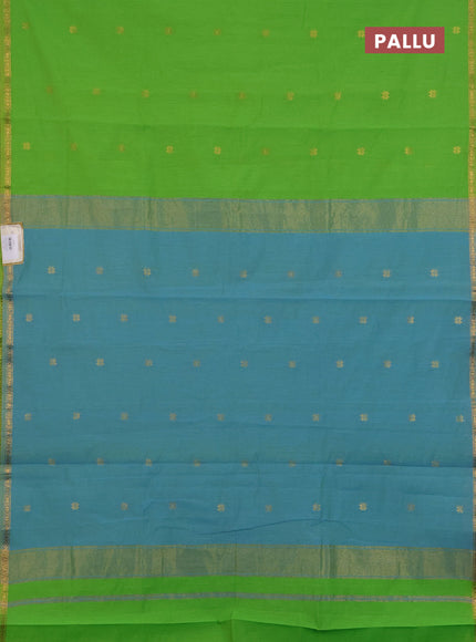 Semi maheswari cotton saree light green and teal blue with zari woven buttas and small zari woven border