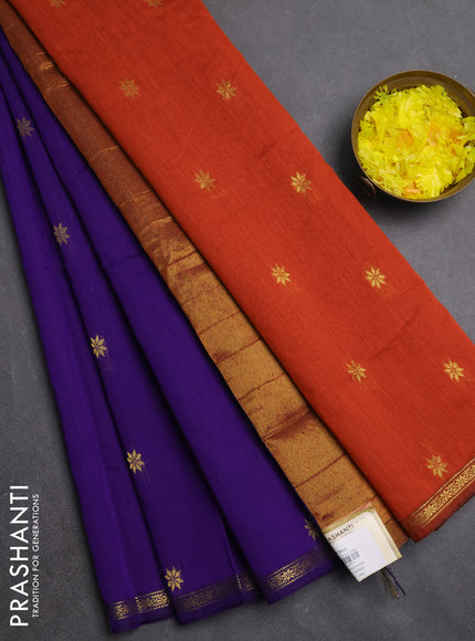 Semi maheswari cotton saree violet and rust shade with zari woven buttas and small zari woven border