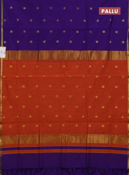Semi maheswari cotton saree violet and rust shade with zari woven buttas and small zari woven border