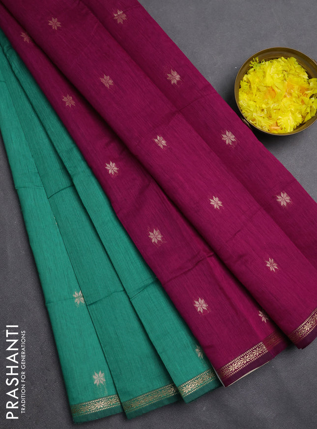 Semi maheswari cotton saree green and magenta pink with zari woven buttas and small zari woven border