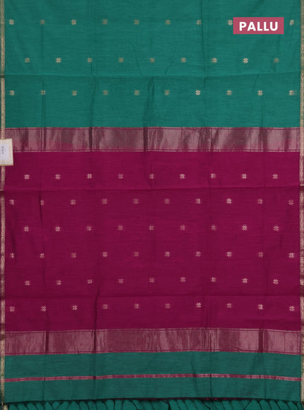 Semi maheswari cotton saree green and magenta pink with zari woven buttas and small zari woven border