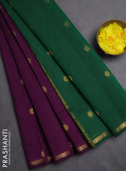 Semi maheswari cotton saree purple and green with zari woven buttas and small zari woven border