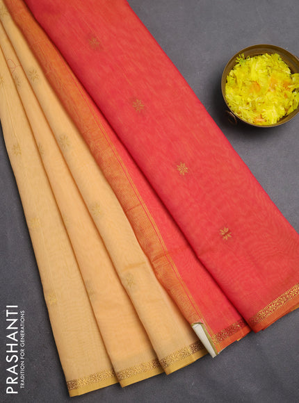 Semi maheswari cotton saree pale orange and pink shade with zari woven buttas and small zari woven border
