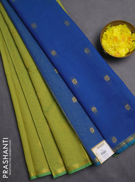 Semi maheswari cotton saree lime green and blue with zari woven buttas and small zari woven border