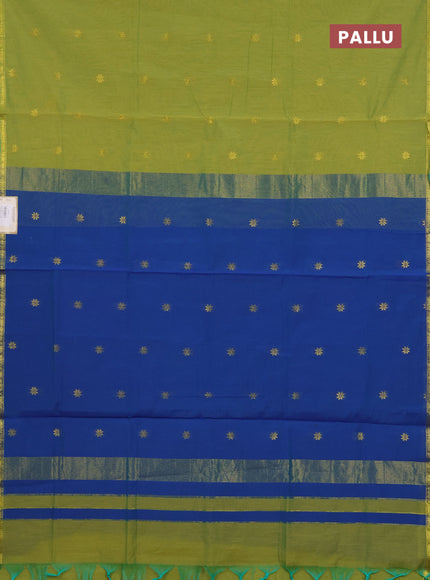 Semi maheswari cotton saree lime green and blue with zari woven buttas and small zari woven border