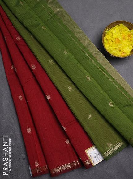Semi maheswari cotton saree maroon and mehendi green with zari woven buttas and small zari woven border