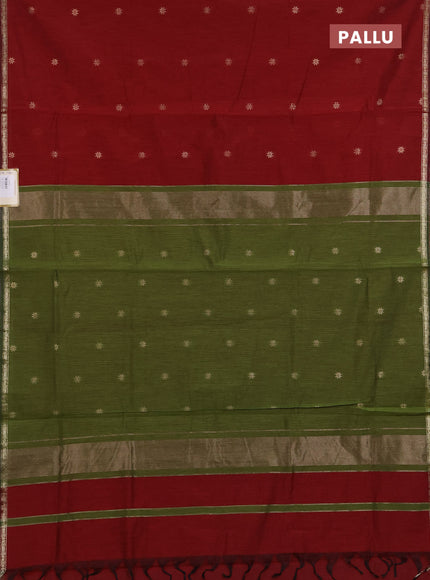 Semi maheswari cotton saree maroon and mehendi green with zari woven buttas and small zari woven border