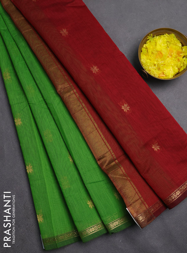 Semi maheswari cotton saree light green and maroon with zari woven buttas and small zari woven border