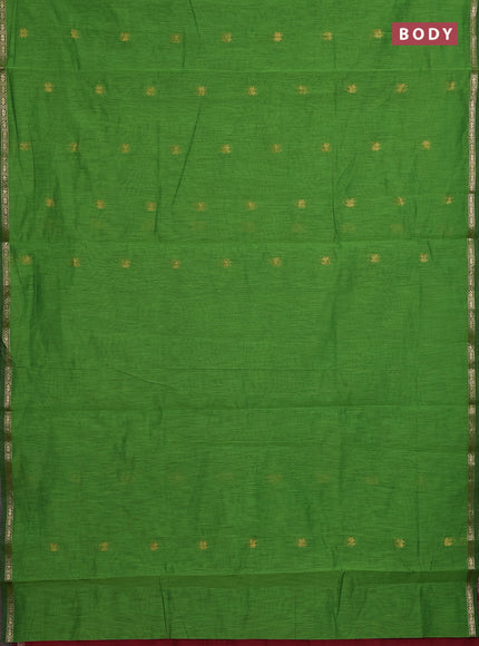 Semi maheswari cotton saree light green and maroon with zari woven buttas and small zari woven border
