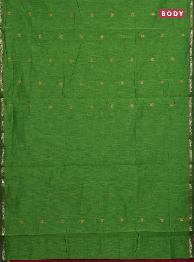 Semi maheswari cotton saree light green and maroon with zari woven buttas and small zari woven border