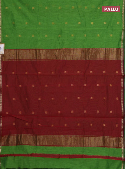 Semi maheswari cotton saree light green and maroon with zari woven buttas and small zari woven border