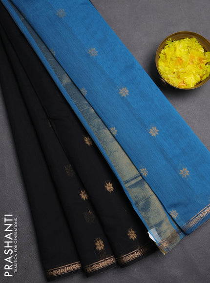 Semi maheswari cotton saree black and teal blue with zari woven buttas and small zari woven border