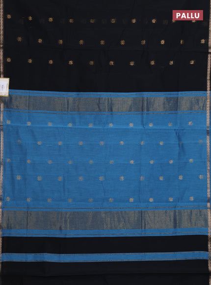 Semi maheswari cotton saree black and teal blue with zari woven buttas and small zari woven border