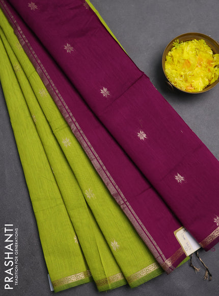 Semi maheswari cotton saree lime green and purple  with zari woven buttas and small zari woven border