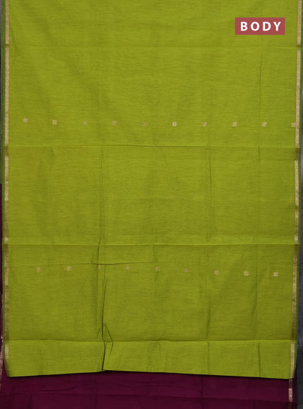 Semi maheswari cotton saree lime green and purple  with zari woven buttas and small zari woven border