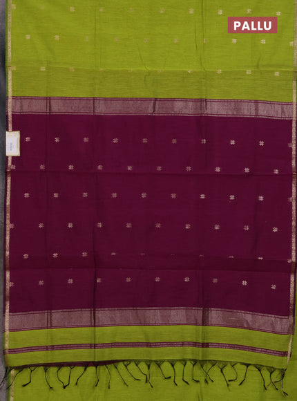 Semi maheswari cotton saree lime green and purple  with zari woven buttas and small zari woven border