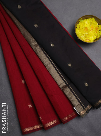 Semi maheswari cotton saree maroon and black with zari woven buttas and small zari woven border
