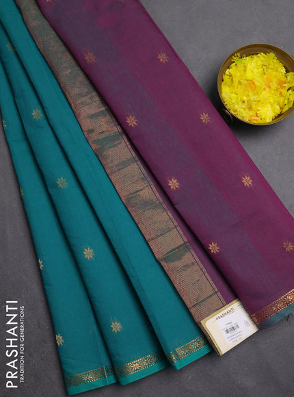 Semi maheswari cotton saree teal green and purple shade with zari woven buttas and small zari woven border