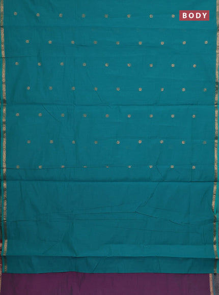 Semi maheswari cotton saree teal green and purple shade with zari woven buttas and small zari woven border